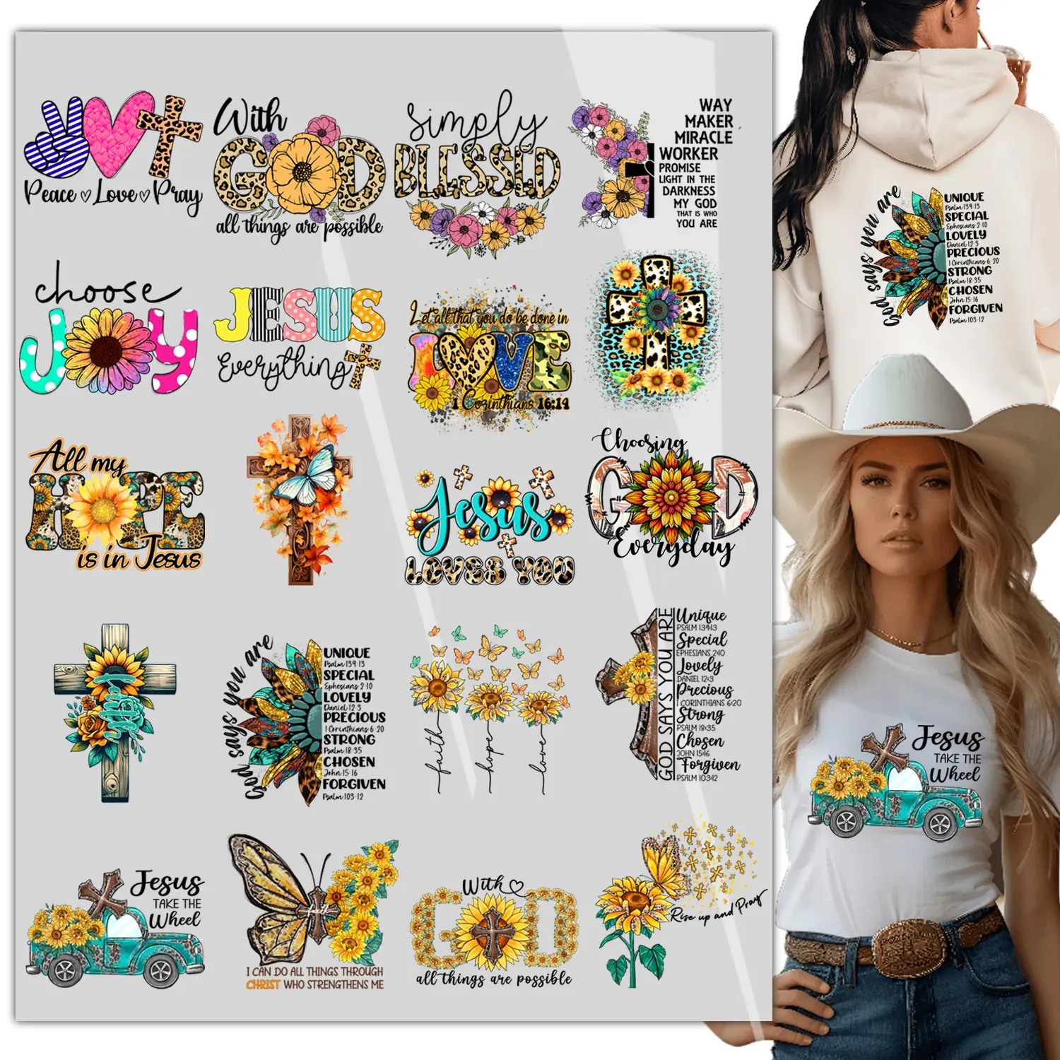 20sheet Sunflower Jesus, Christian Iron on Decals for T Shirts Heat Transfer Design, Iron on Transfers  Iron on Patches for Clothing Hoodies, DIY Supplies Ready to Press