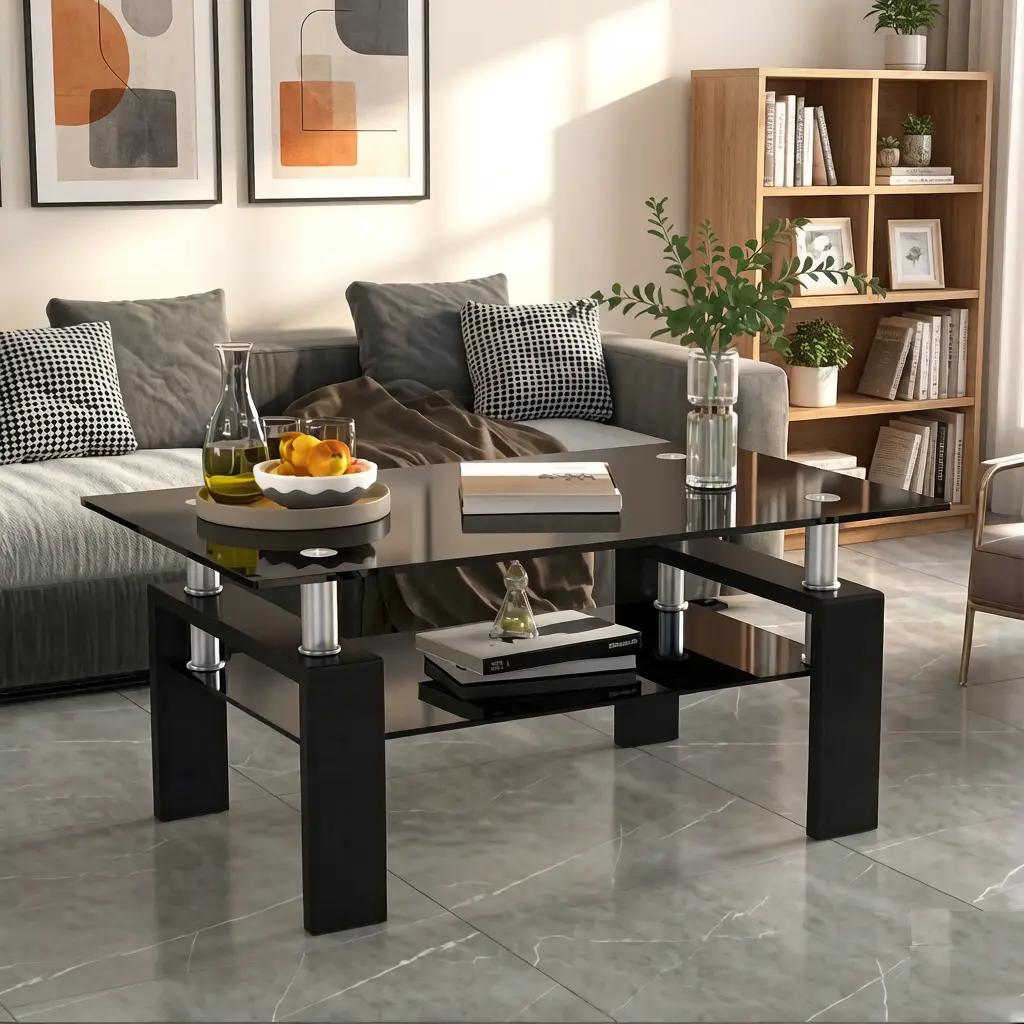 Rectangle Coffee Table, Tempered Glass Coffee Table,Modern Side Center Tables for Living Room, Living Room Furniture, Black