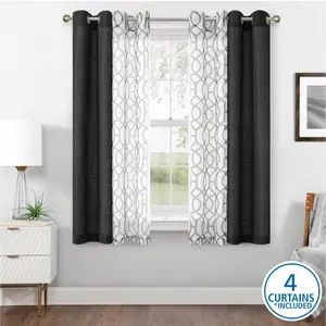 4-Piece Solid & Sheer Grommet Curtain Set – Black, 27.5" x 63" Panels