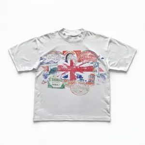 Vintage Hotel Stamp Patchwork Print T-Shirt, American Vintage Classic Style Short Sleeve Top, Casual Loose-Fitting Tee for Men