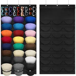 Hat Organizer Racks for Baseball Caps and Sunglasses, Hat Rack for Wall, Sunglass Organizer 24 Pockets 9 Holes(Black) Hanging Decor