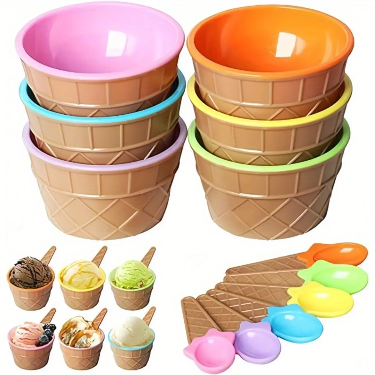 5 Ice Cream Bowls and 5 Spoons Dessert Serving Tableware Set, Reusable Material Sturdy Construction Colorful Ice Cream Cups with Stable Base, Versatile Utility, Ideal for Pudding, Mousse, Gelato, Party Cold Treat Tableware