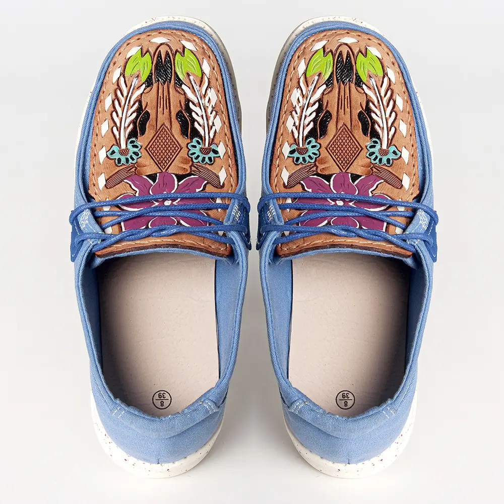 American Darling Hand tooled, carved genuine leather trim lightweight shoe footwear, slip on| Tooled Footwear
