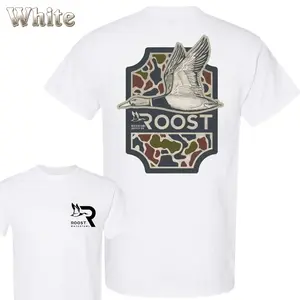 Roost Waterfowl Duck Hunting T-Shirt - Flying Duck Graphic With Camo Background , Roost Logo Front , Outdoor Hunting Style Tee , Unisex Duck Hunter Shirt , Comfortable Daily Wear Classic Menswear