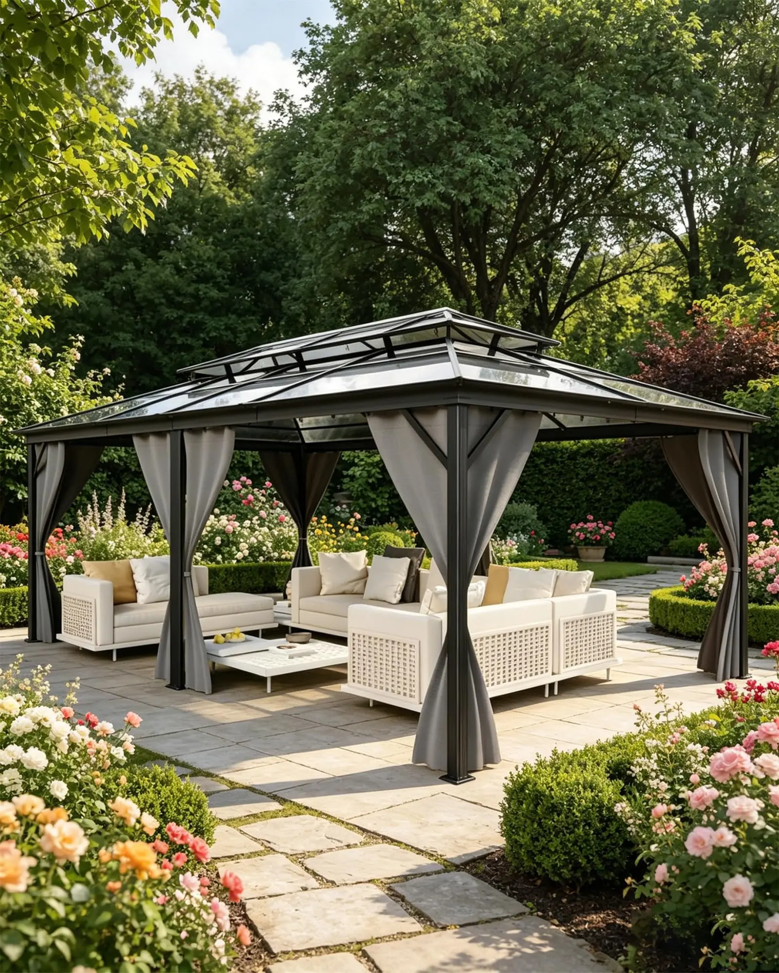 12' x 20' Permanent Hardtop Gazebo, Sturdy Aluminum Frame with Double Polycarbonate Roof, Includes Mosquito Netting & Curtains for Patio, Lawn & Garden