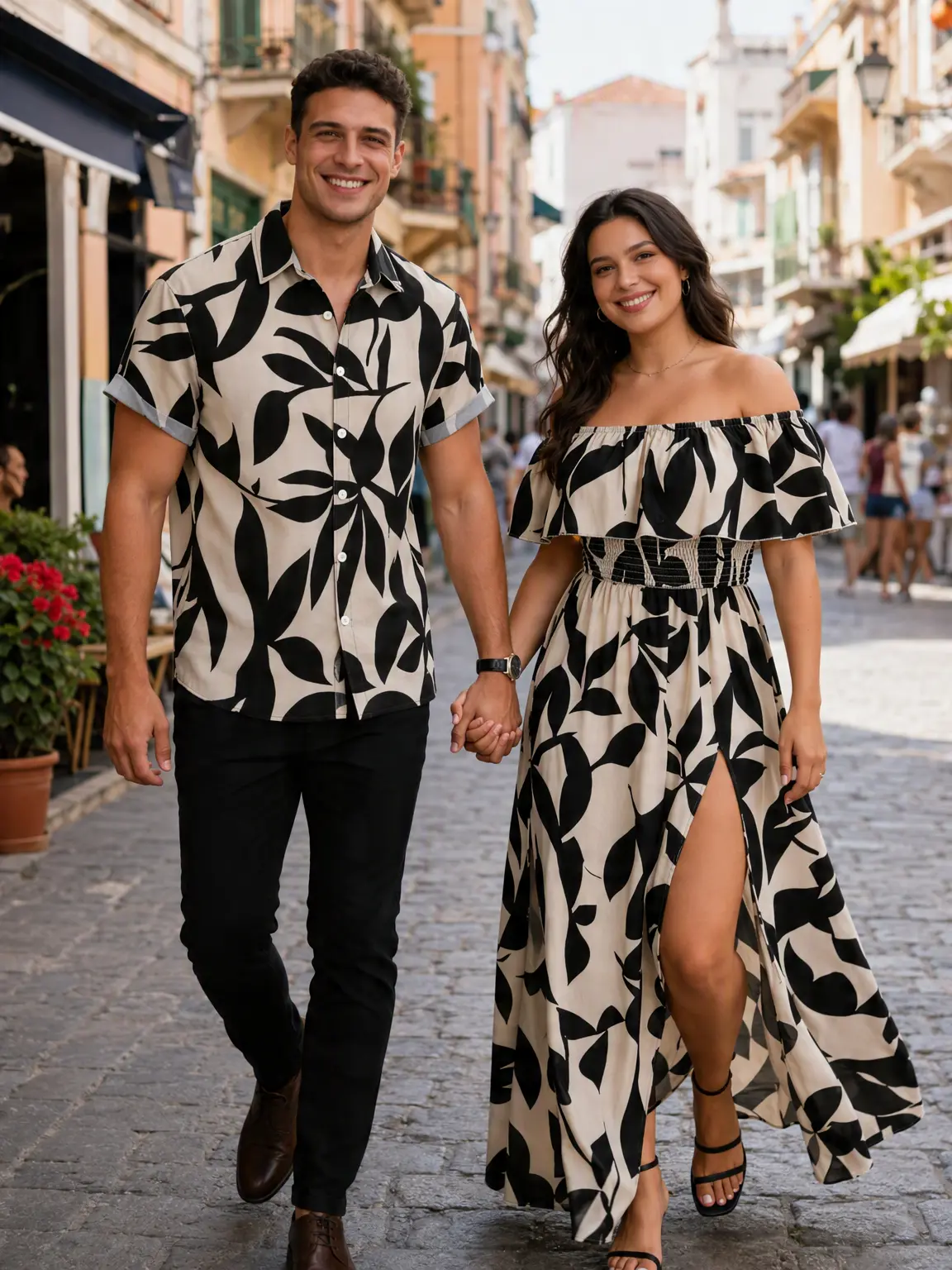 DRESSLILY 2026 Chic His and Hers Couple Outfits Set - Women's Off-Shoulder High-Waist Sleeveless Casual Tropical Dress with Slit, Men's Short-Sleeve Button-Up Casual Beach Wear, US Sizes, Breathable Polyester Fabric, Husband and Wife Gifts