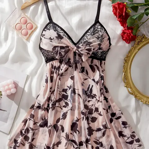 Women's Floral Print Contrast Binding Bow Decor Contrast Lace Sheer Mesh Sleeveless Cami Nightdress, Ruched Backless Adjustable Spaghetti Strap Lace Trim Nightgown, Soft Comfortable Nightdress, Nightgown Sleepwear