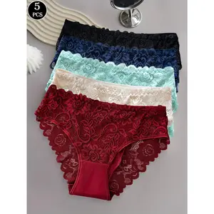 5pcs Women Floral Lace Panties Comfortable Triangle Panty Set with Lace Trim Underwear
