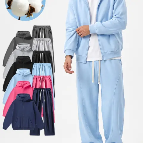 Men's two-piece athleisure set—featuring a zip-up hooded sweatshirt and long, straight-leg sweatpants; suitable for daily commuting and outdoor activities during autumn and winter.