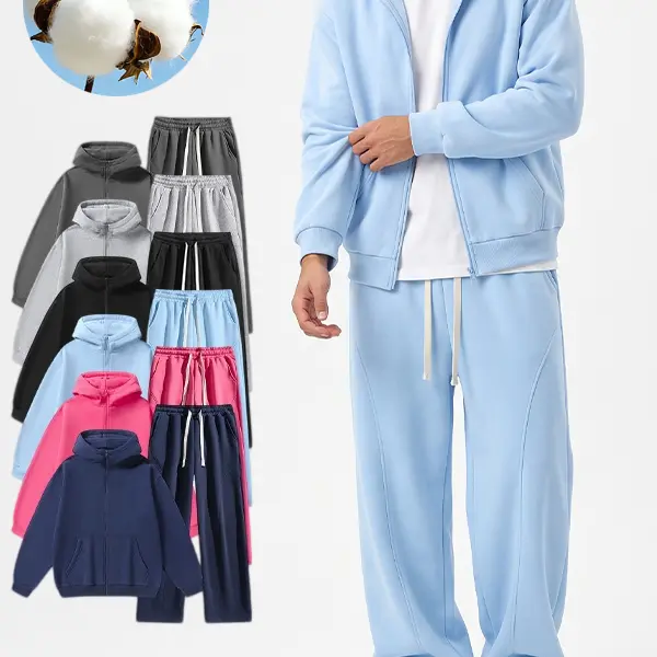 Men's two-piece athleisure set—featuring a zip-up hooded sweatshirt and long, straight-leg sweatpants; suitable for daily commuting and outdoor activities during autumn and winter.