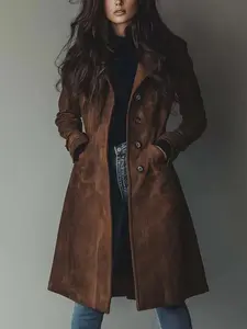 2026 High-Quality Women's Fall/Winter Coat with Turn-Down Collar and Suede Fabric, Long Trench Coat