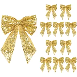 PartyDelight Bow Decor Gold 10Pcs Sequin Christmas Tree Bows 6x8Inch Ribbon Tie for Xmas Birthday Party Room Decorations Coquette Backdrop Wall Decors