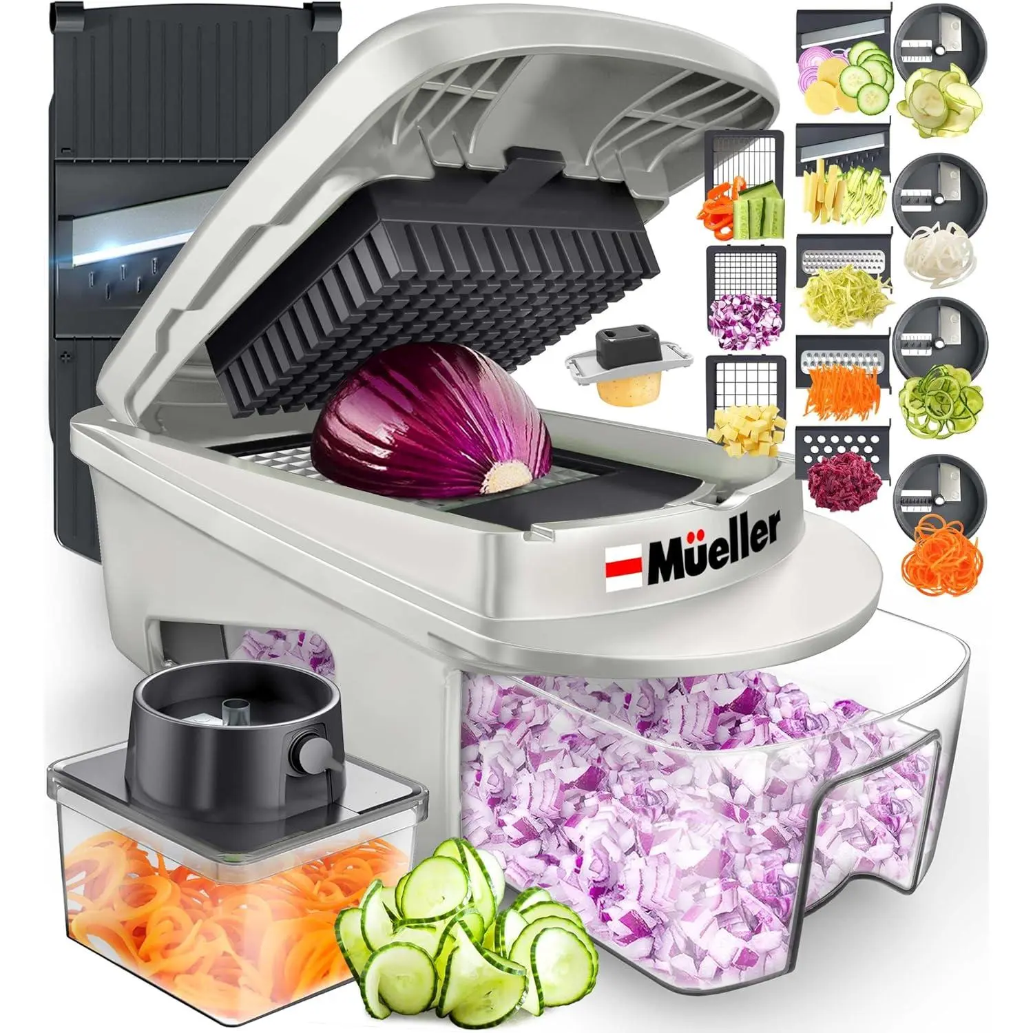 Mueller Pro-Series All-in-One, 12 Blade Mandoline Slicer for Kitchen, Food Chopper, Vegetable Slicer and Spiralizer, Cutter, Dicer, Grater, Kitchen Gadgets Sets with Container, White Sand/Dark Grey