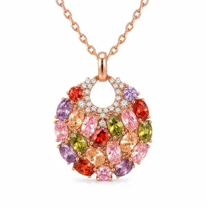 Boho Rainbow Multi-Gem Open Circle Rose Gold Necklace, Vibrant Colorful Crystal Pendant Jewelry for Holiday Vacation & Gift Giving