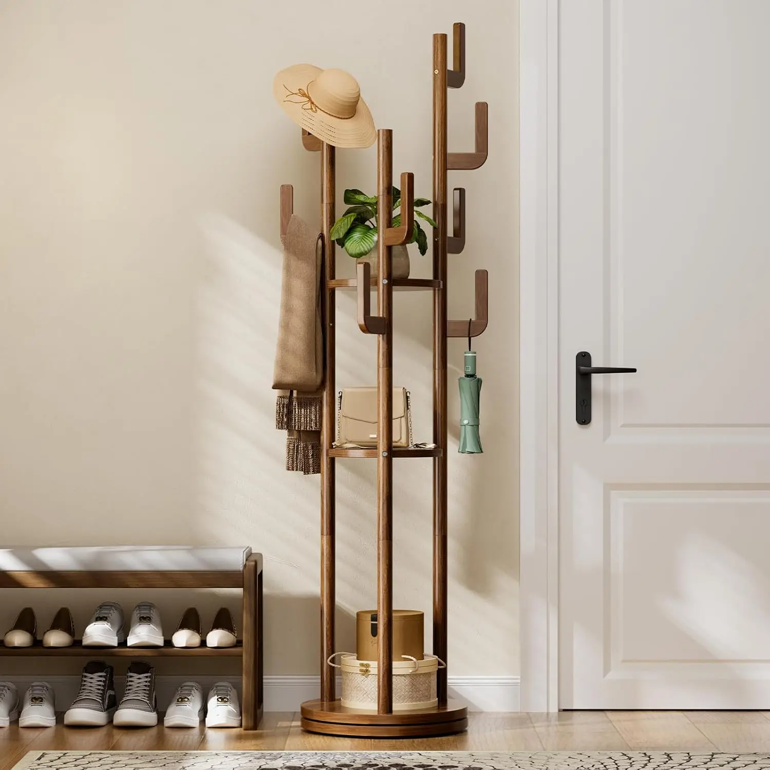 Wooden Coat Rack - Fas Freestanding Rotatable Corner Stand, Compact Circular Design, 9 Anti-Snagging Hooks, 3 Storage Shelves, Silent Rotation Base, 300 lbs Capacity, Exquisite Care for Purse Bags Hats, Modern Home Organizer for Hall Entryway, Organizing,
