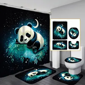 1/3/4PCS Moonlit Panda Shower Curtain set, Serene Bathroom Decor, Accessories with Bath Mat, U-shaped Mat, Toilet Lid Cover, 12 Hooks 180x180cm Curtain, Panda Lovers, Home Decor, bathroom accessories.