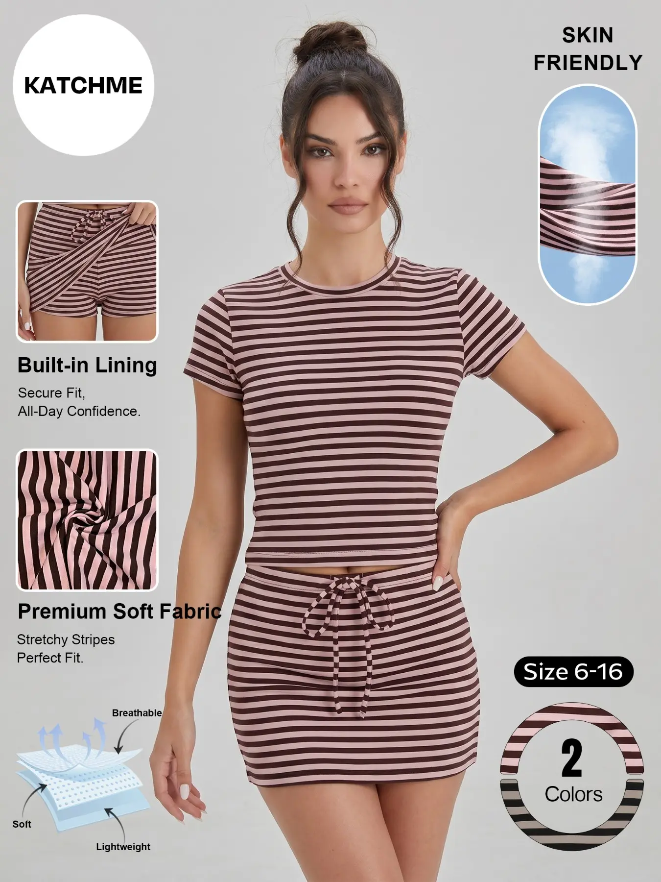 Women's Leisure Casual Striped Round-Neck Short-Sleeve Top & Drawstring Skirt Set, Premium Soft Breathable Cotton Fabric Two-Piece Set, Summer Wrinkle-Resistant Stretch Everyday Outfit Clothes