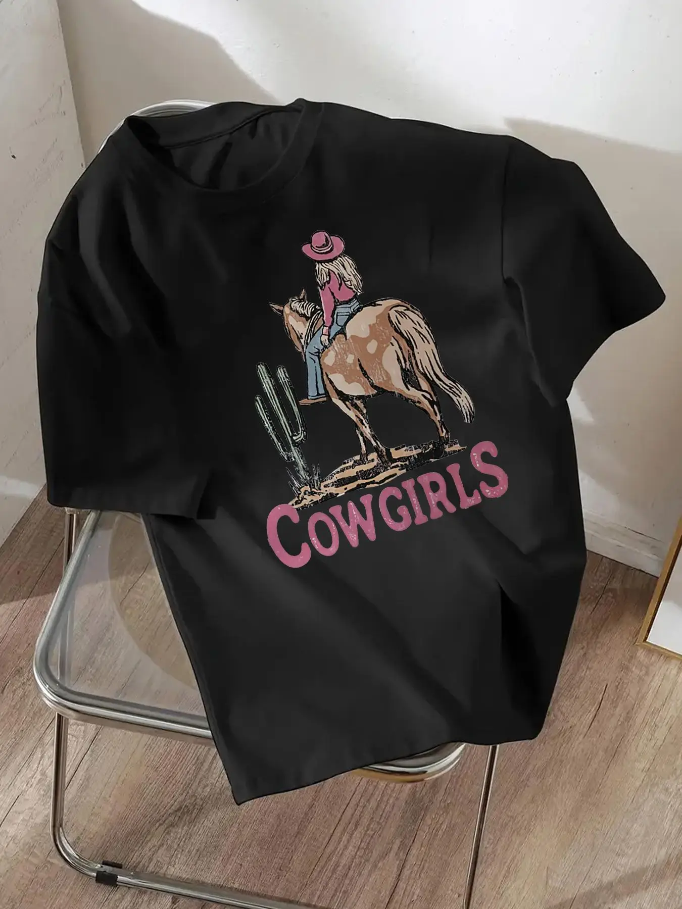Girl's Cartoon Cowgirl & Letter Print Round Neck Tee, Fashion Casual Short Sleeve T-shirt for Daily Wear, Kids Clothing for Summer