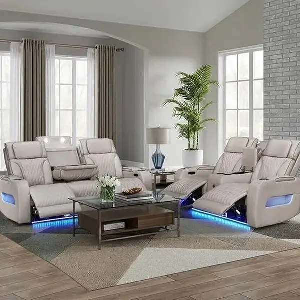 Power Recliner & Headrest Sofa Set Beige Gray