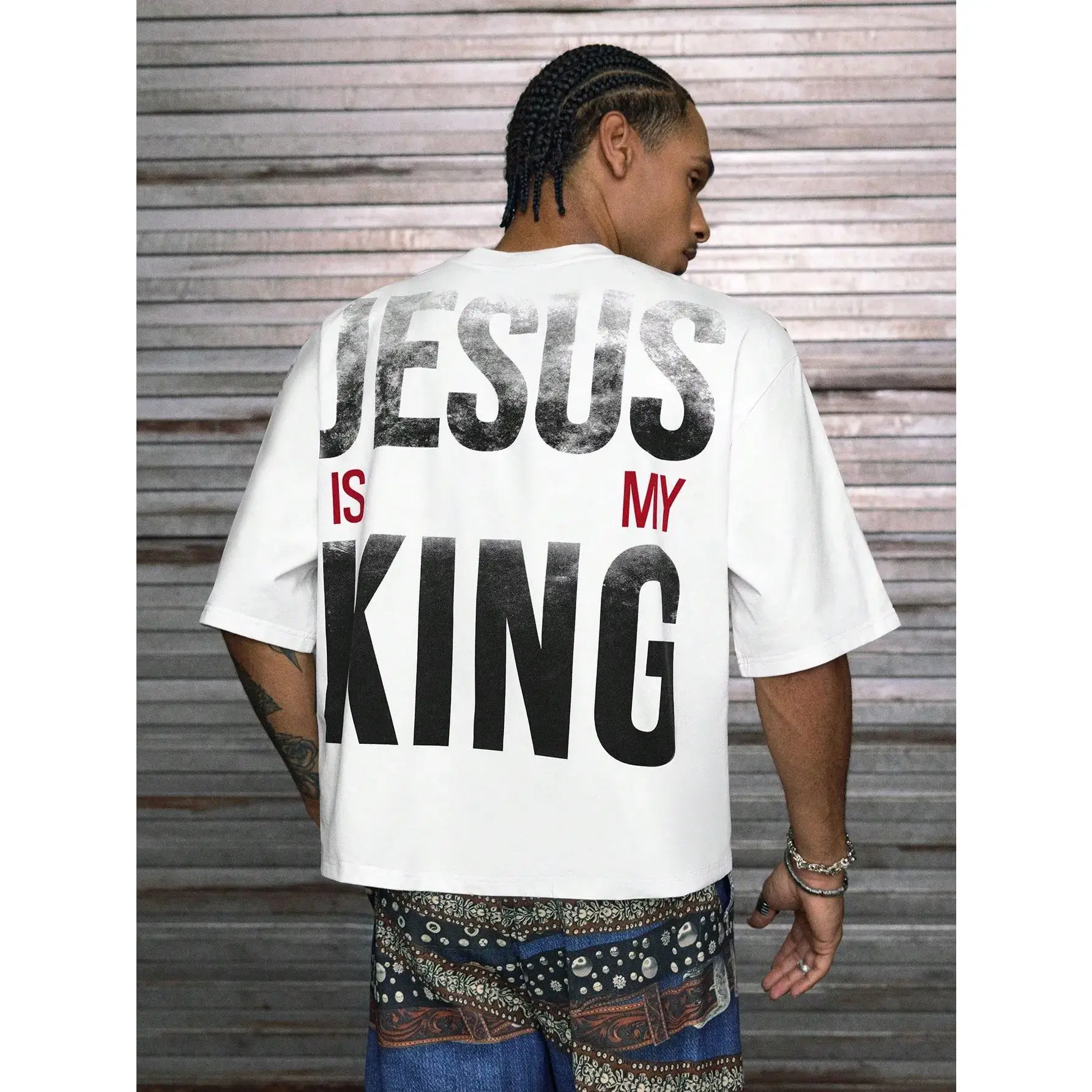 Jesus Is My King DealsForYouDays Printed Patchwork Cropped V-Neck Short Sleeve T-Shirt, Multi Sizes For Men, Streetwear Fit