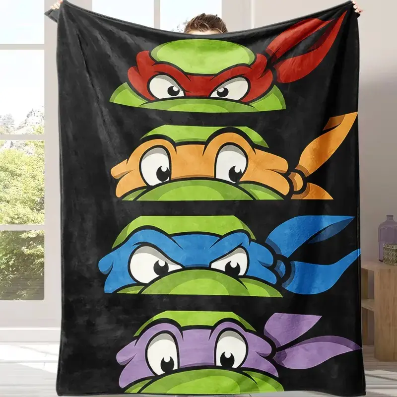 Ninja Turtle Color Block Flannel Cozy Blanket, Soft and Skin-Friendly, Four-Turtle Design, Retro Anime Style Super Soft Flannel Blanket, an Ideal Gift For Children and Enthusiasts on Special Occasions. Perfect For Use at Hom