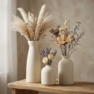 3-Piece Boho Ceramic Vase Set - Matte Minimalist Modern Decorative Vases with Geometric & Floral Patterns for Bookshelf, Living Room & Entryway - Elegant Housewarming Gift