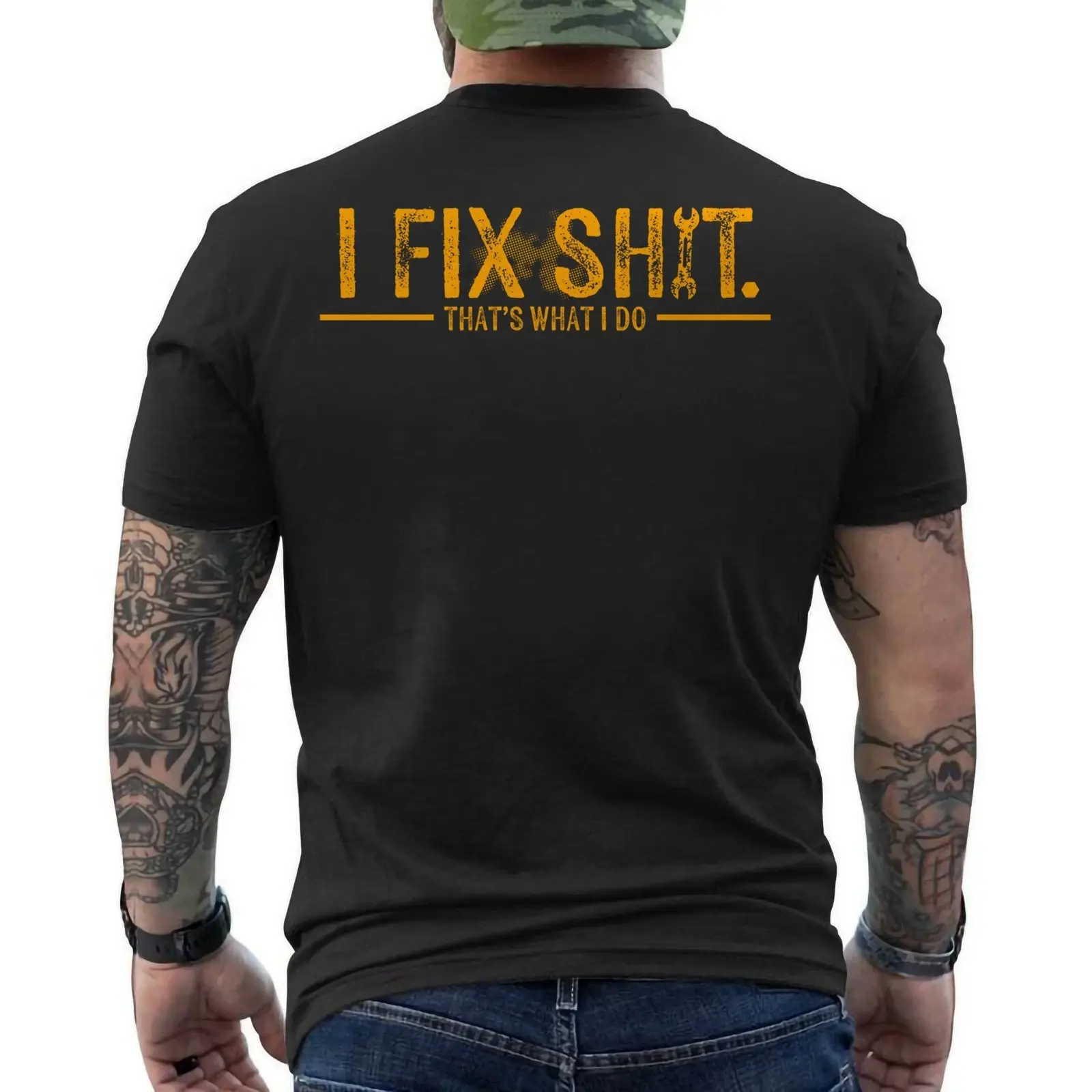 Women's Classic 5.3oz Heavy Cotton Round Neck Short-Sleeve Tee - Casual Tshirt with Unisex-Friendly Fabric and Bold Traditional Tattoo-Style "I Fix Sh*t" Back Graphic