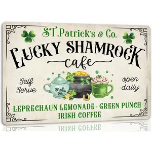 St.Patrick’S Co Lucky Shamrock Cafe Metal Tin Sign Vintage Poster Wall Art Cafes Farmhouse Home Irish Party Wall Decor Plaque Decorative Sign