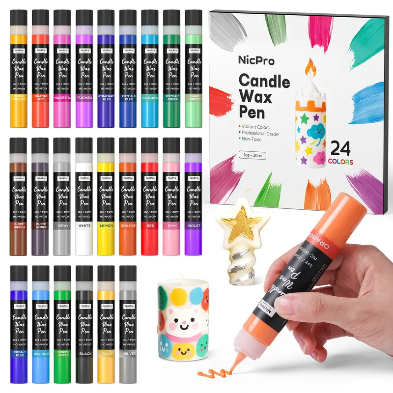 Nicpro 30ml Safe Wax Pen DIY Paint Kit with Silver-Gold Glitter Sparkle - Candle Making Supplies, Dries Fast, Apply Directly or Use Brushes/Sponges, for Adults and Kids DIY Candles w/ Kids, Birthdays