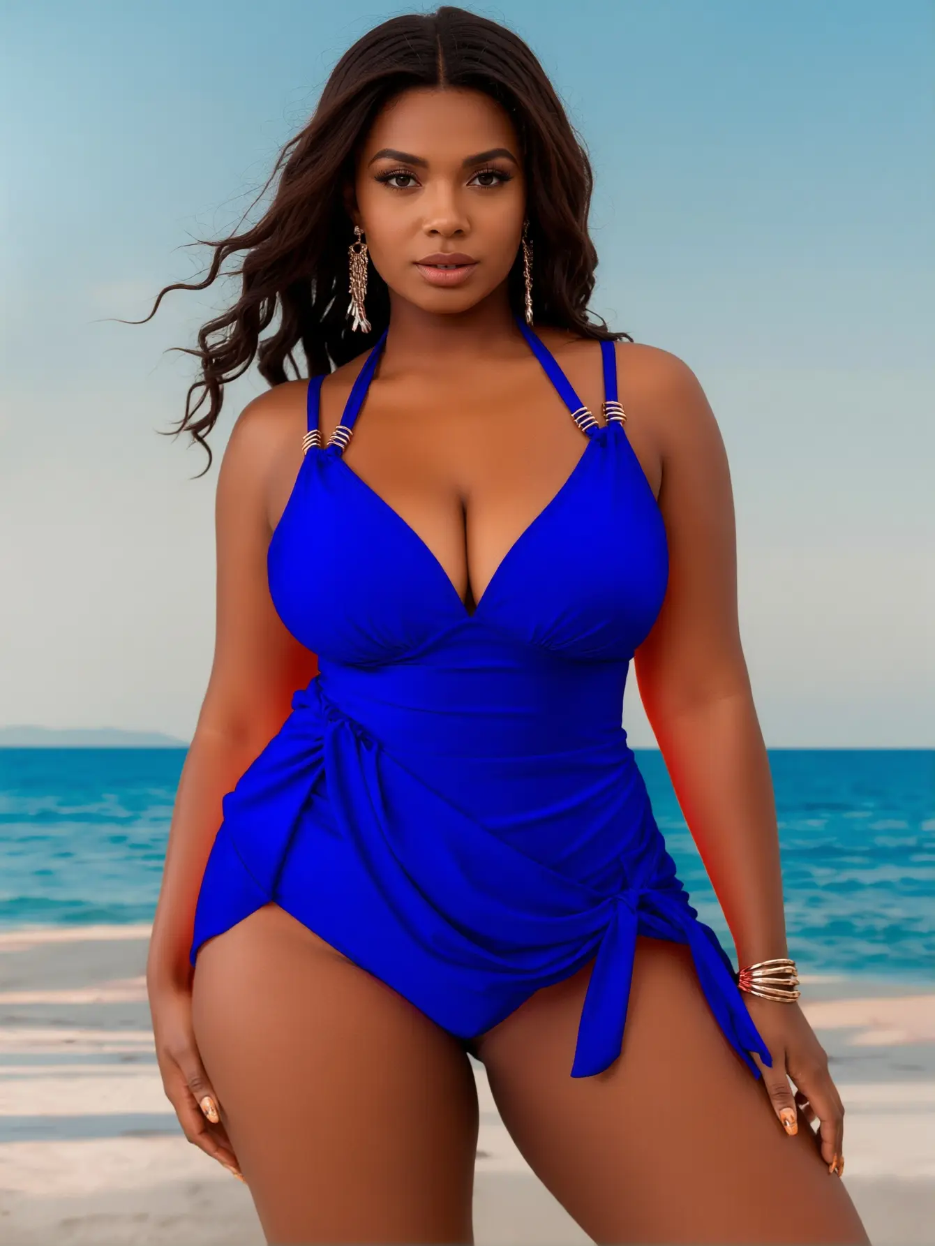 Women's Plus Size Curvy Halter 1-Piece Swimsuit - Tummy Control Swimsuits, Ruched, Side-Tie Skirted, for 2026 Summer Beach, Pool Vacation
