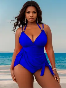 2026 Summer Plus Size Curvy Women's Halter One-Piece Swimsuit – Tummy Control, Ruched, Side-Tie Skirted One-Piece Swimwear for Summer Beach and Pool Vacation