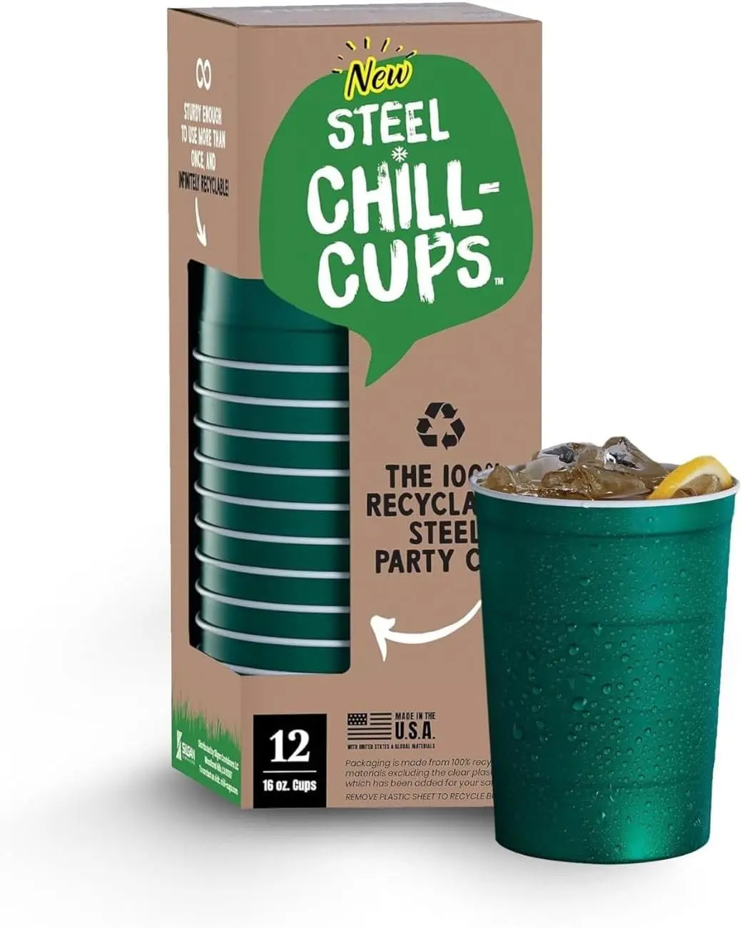 Steel Chill Cups 16 oz. Party Cups, Perfect for Cold Drinks, Sturdy & Durable, Disposable and 100% Recyclable, Made in USA, Green, 12 Count