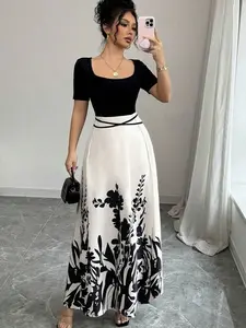 Elegant Square Neck Maxi Dress Floral Print Short Sleeve Waist Tie for Women