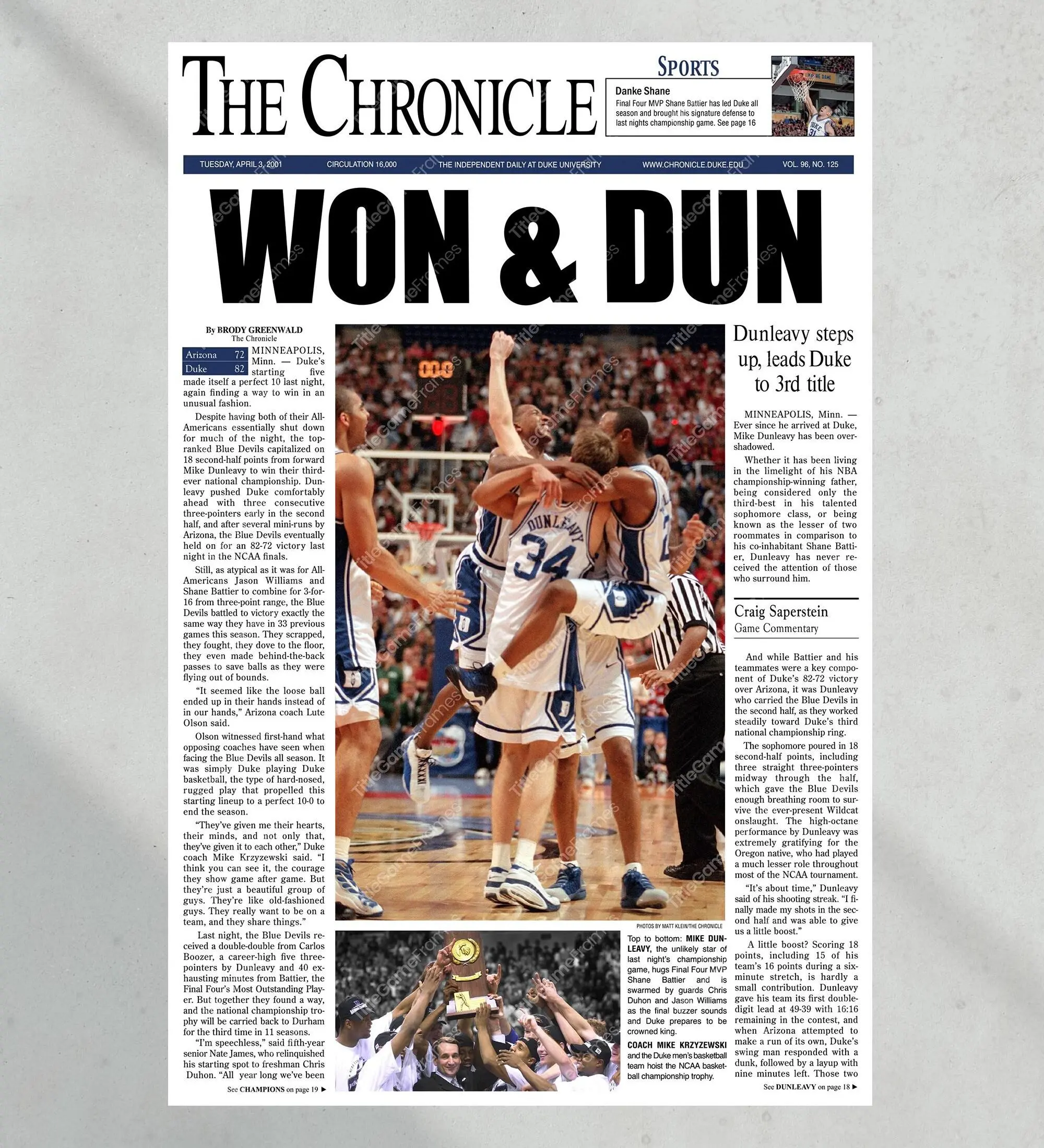 2001 Duke Blue Devils NCAA College Basketball National Champions Unframed Poster Print