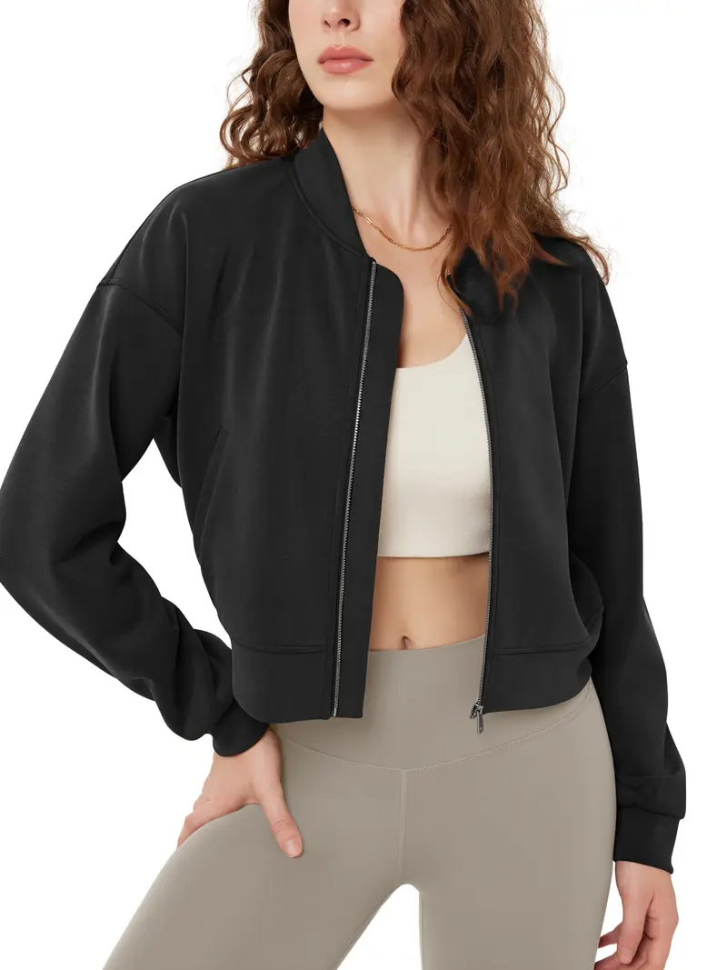 ODODOS Modal Soft Full-Zip Bomber Jacket for Women Long Sleeve Casual Fall Outfit Crop Top with Pockets