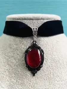 Gothic Retro Waterdrop Artificial Gem Decor Pendant Velvet Choker, Faux Gemstone Pendant Necklace, Fashion Jewelry Accessories For Women As Gift, Statement Necklace, Elegant Necklace, Gothic Witch Jewelry
