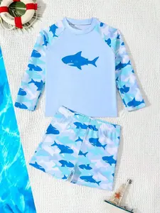 New boys' two-piece swimsuit, beach vacation sun protection swimwear set Shark Pattern Blue White Camouflage long sleeves and shorts sunscreen waterproof