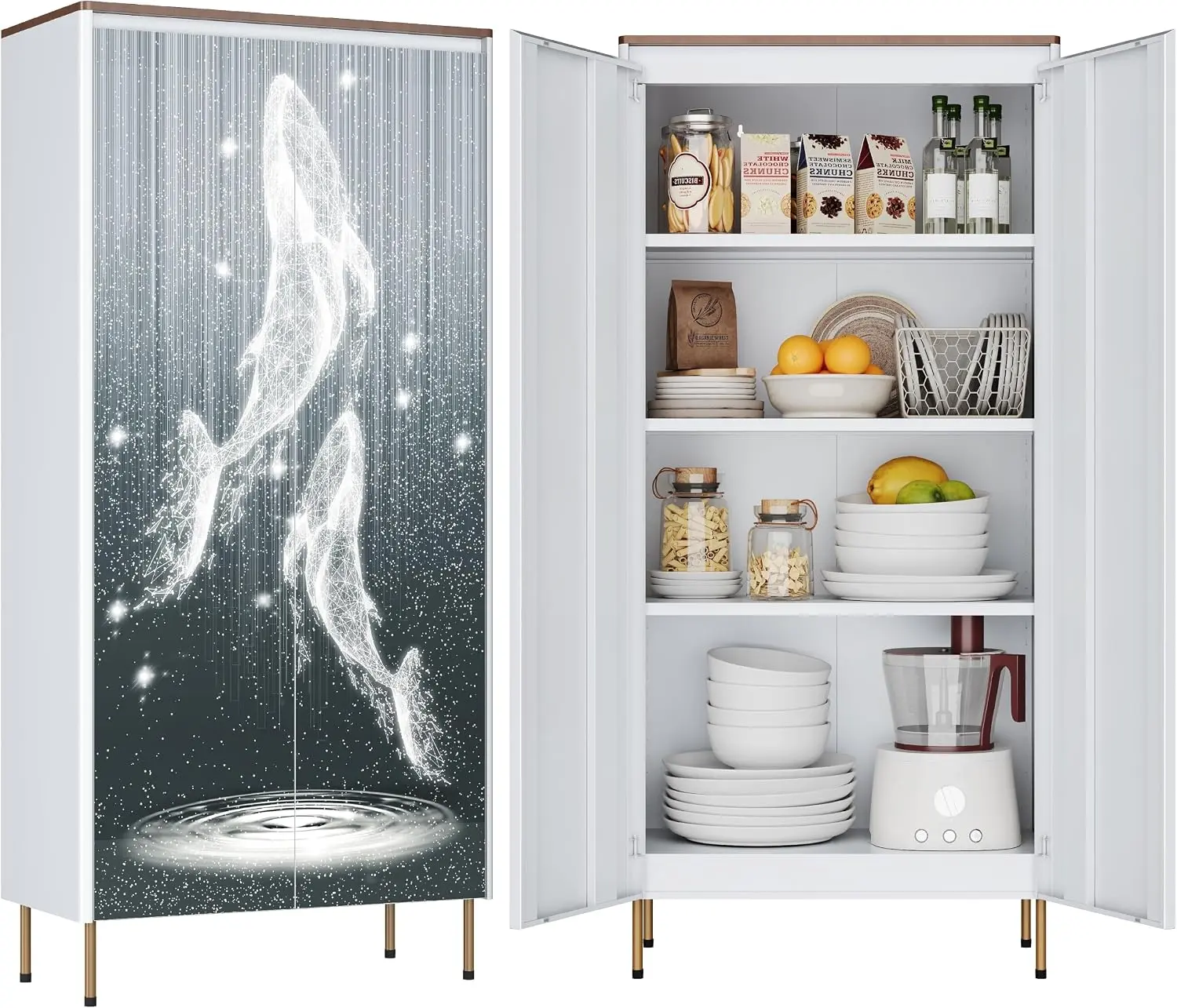 Kitchen Pantry Cabinet, 59" Tall Metal Storage Cabinet with Doors | 3 Adjustable Shelves, Handleless Design, Magnetic Door, Freestanding Kitchen Cupboard for Dining Room Bathroom, Whale Pattern