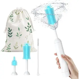 S02 Electric Bottle Brush Set, Portable Baby Bottle Brush Cleaner, AA Battery-Powered & IPX7 Waterproof, with Silicone Bottle/Nipple/Straw Brush, for Home & Travel (Blue)