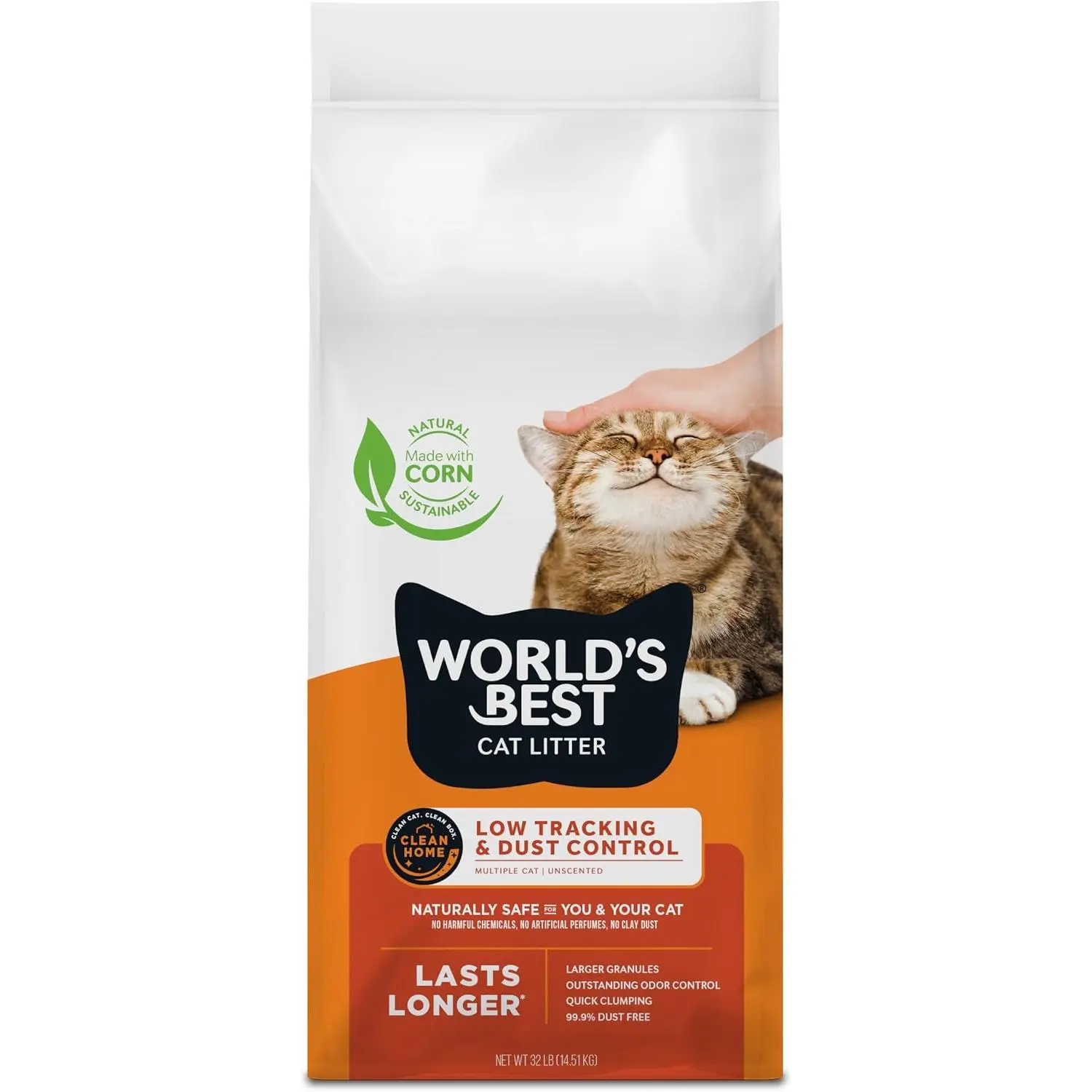 World's Best Cat Litter, 28-Lb Unscented Natural Clumping Litter for Multiple Cats - Low Tracking, Dust Control, Long-Lasting Odor Control, Easy Scooping, Flushable, Made in USA