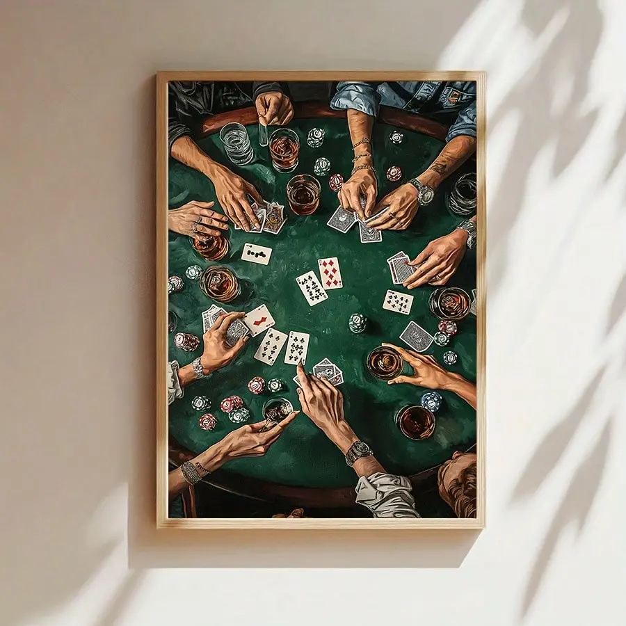 Green Canvas Wall Art Poster - Lightweight 2D Flat Print, Artistic Poker Card Game Scene with Hands Holding Cards & Chips, Hanging Minimalist Home Decor, Perfect Gift for Gamblers