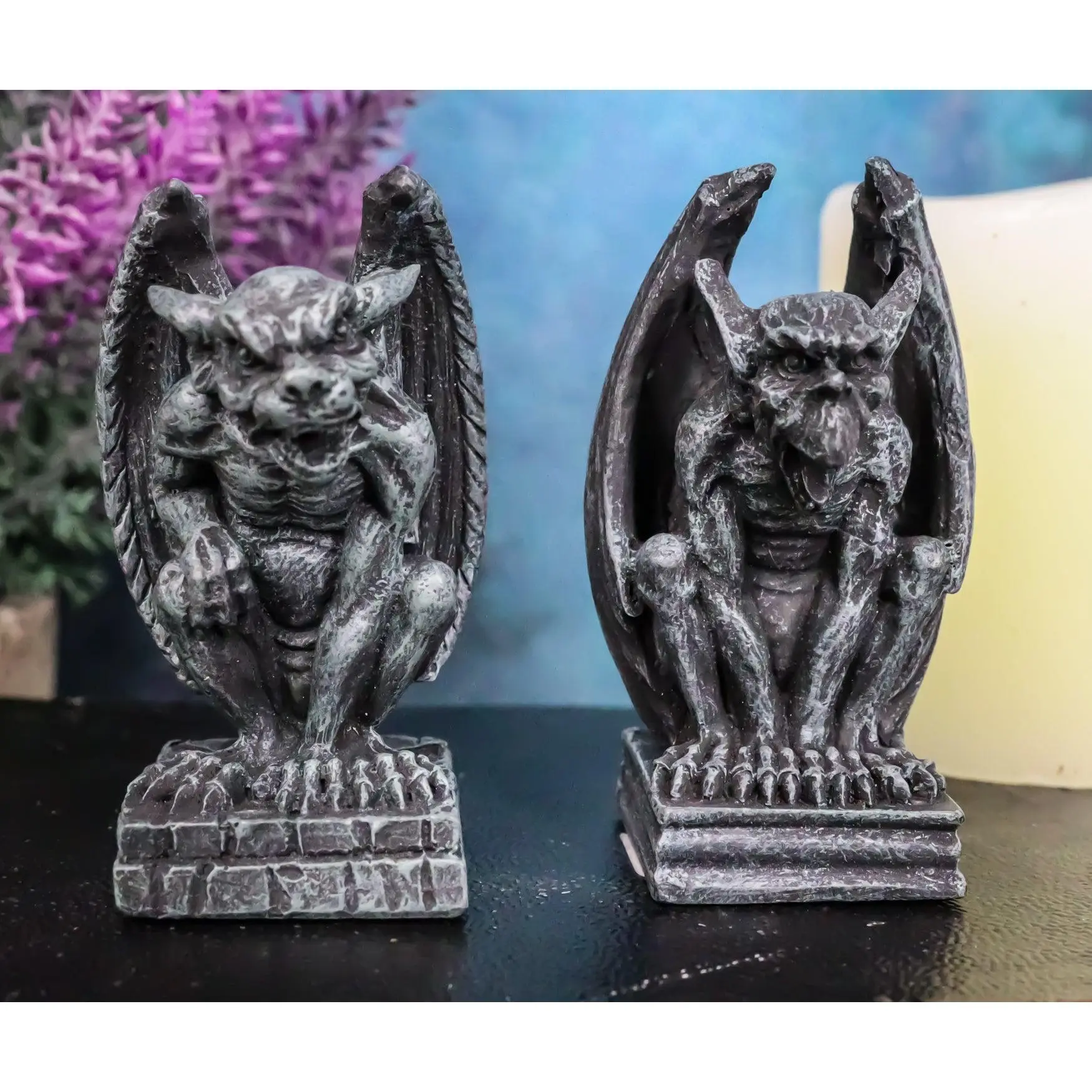 Ebros Notre Dame Guardian Mini Gargoyle Figurine Set of 2, 2.5" Tall Gothic Miniature Figurines, Home Decor Accessory, Decorative Art Statue