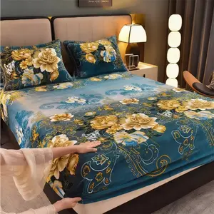 3-Piece Christmas-Themed Winter Bedding Set, Turquoise Floral Pattern, Soft Flannel Fabric, Warm & Cozy, Includes 1 Fitted Sheet + 2 Pillowcases, Bed Sheets Set