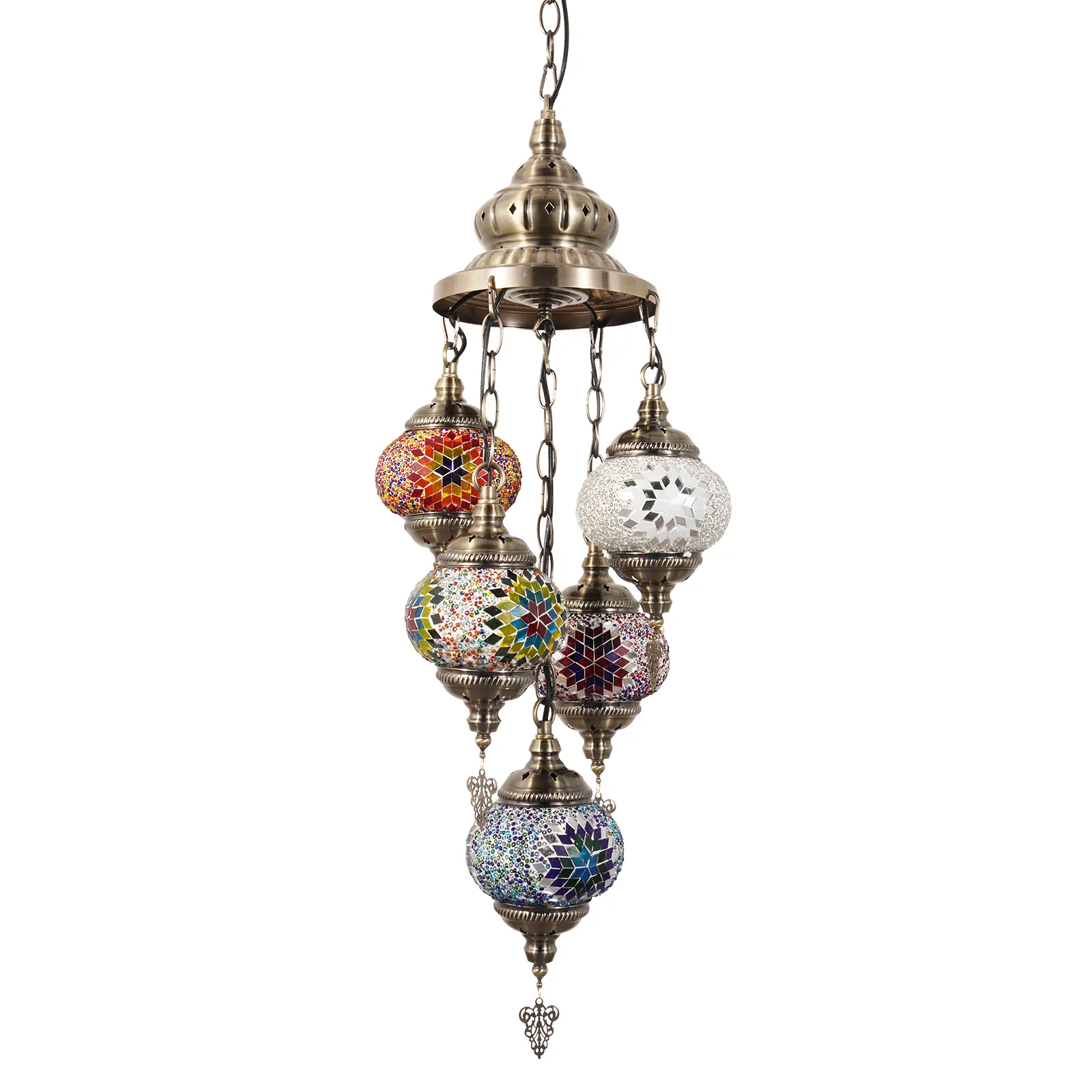 Vintage Bohemian Handmade Mosaics Stained Glass LED Pendant Light - 5-Light Indoor Hanging Ceiling Fixture with 22" Chain, Warm Illumination for Living Room, Bedroom, Office