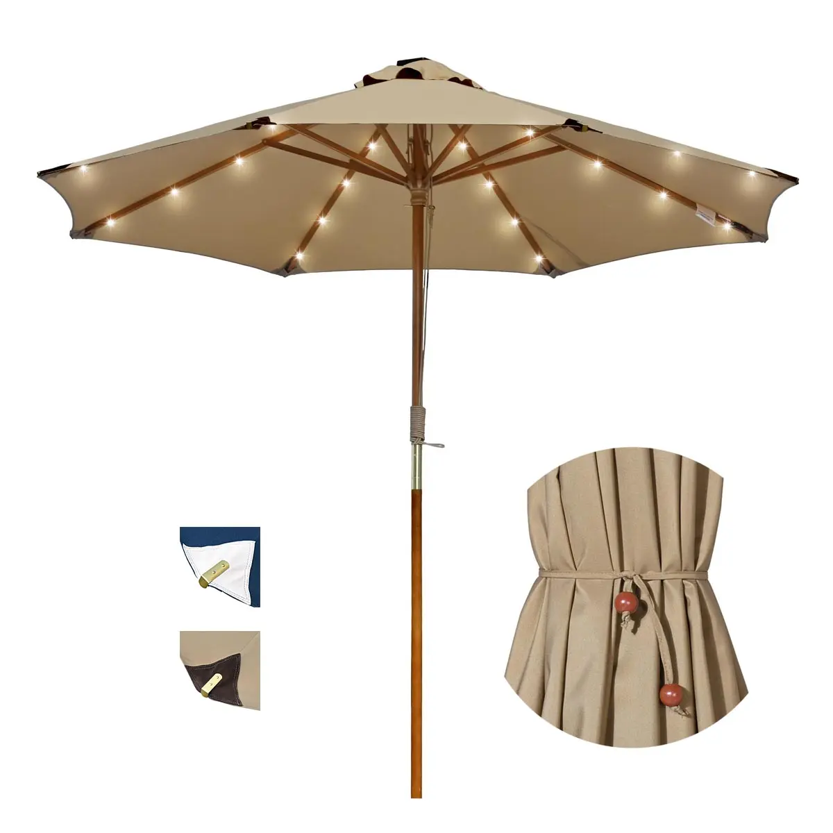 LAGarden Boho Wooden Patio Umbrella with Light 9ft 8-rib