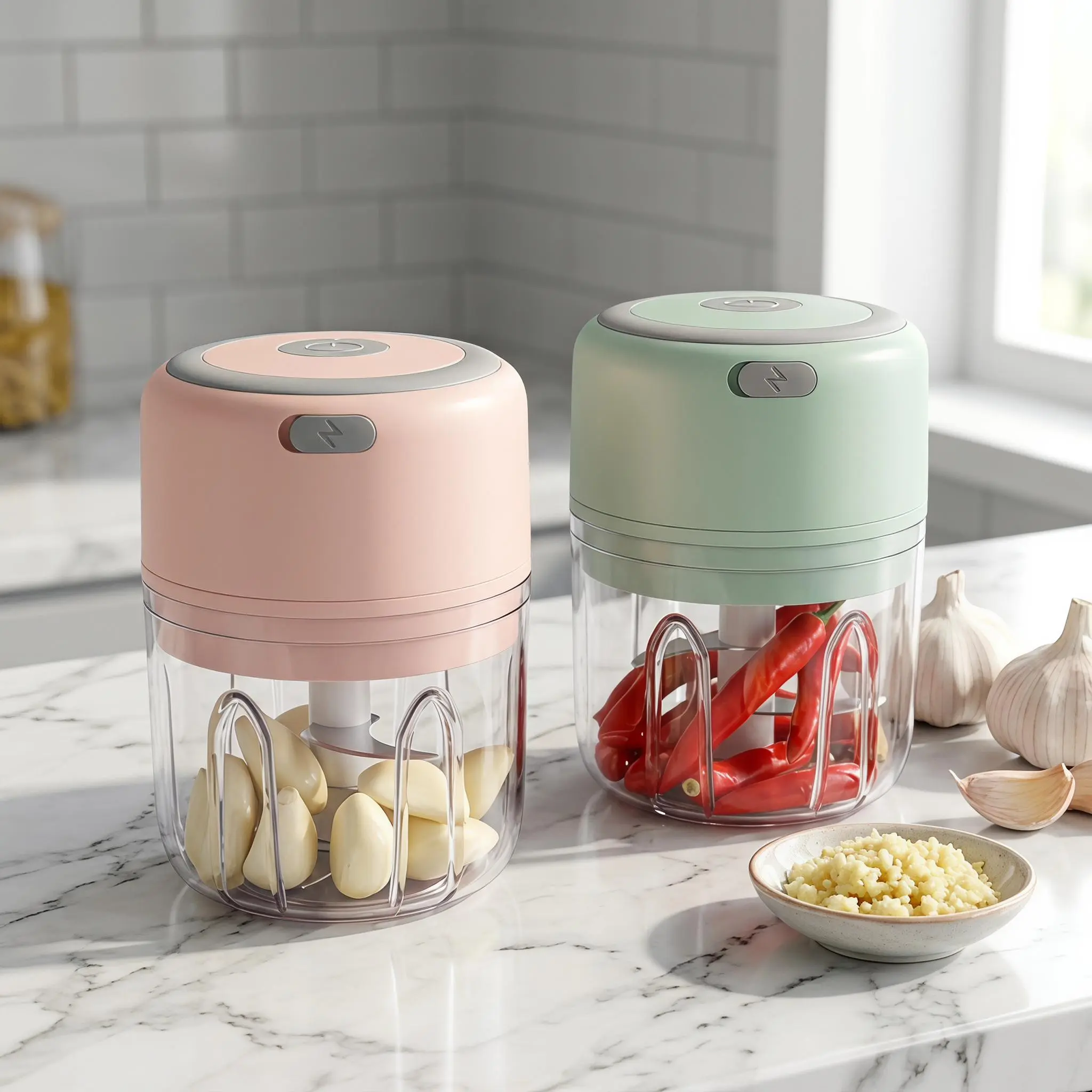 【SummerWins】Mini USB Rechargeable Electric Food Processor, 2-Color (Green/Pink) Garlic Chopper for Ginger, Herbs, Nuts