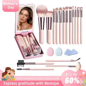 BESTOPE PRO Travel Makeup Brushes 20PCs with LED Light Mirror, 360° Rotatable Mirror, Professional Makeup Brush Set in Pink Travel Case Gift Lightweight Daily Durable Gentle Powder Storage Cosmetic