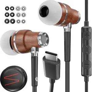 Symphonized iPhone 15 & 17 Earphones Wired, USB C Headphones for Apple Devices & Android Phones with Type-C Port & Microphone, Wooden USBC Earbuds