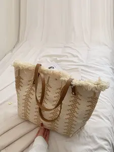 2026Beige Jacquard Woven Tote Bag, Boho Fringe Trim Shoulder Bag with Leather Handles, Large Capacity Beach Bag for Vacation & Daily Use, Aesthetic Casual Tote for Women