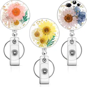 BY-268 3 Pcs Flower Badge Reel Convenient Nurse Badge Reels Retractable with Key Ring Badge Holder Dried Floral Resin ID Badge Clip for Teacher Nurse Doctor Worker (Round)